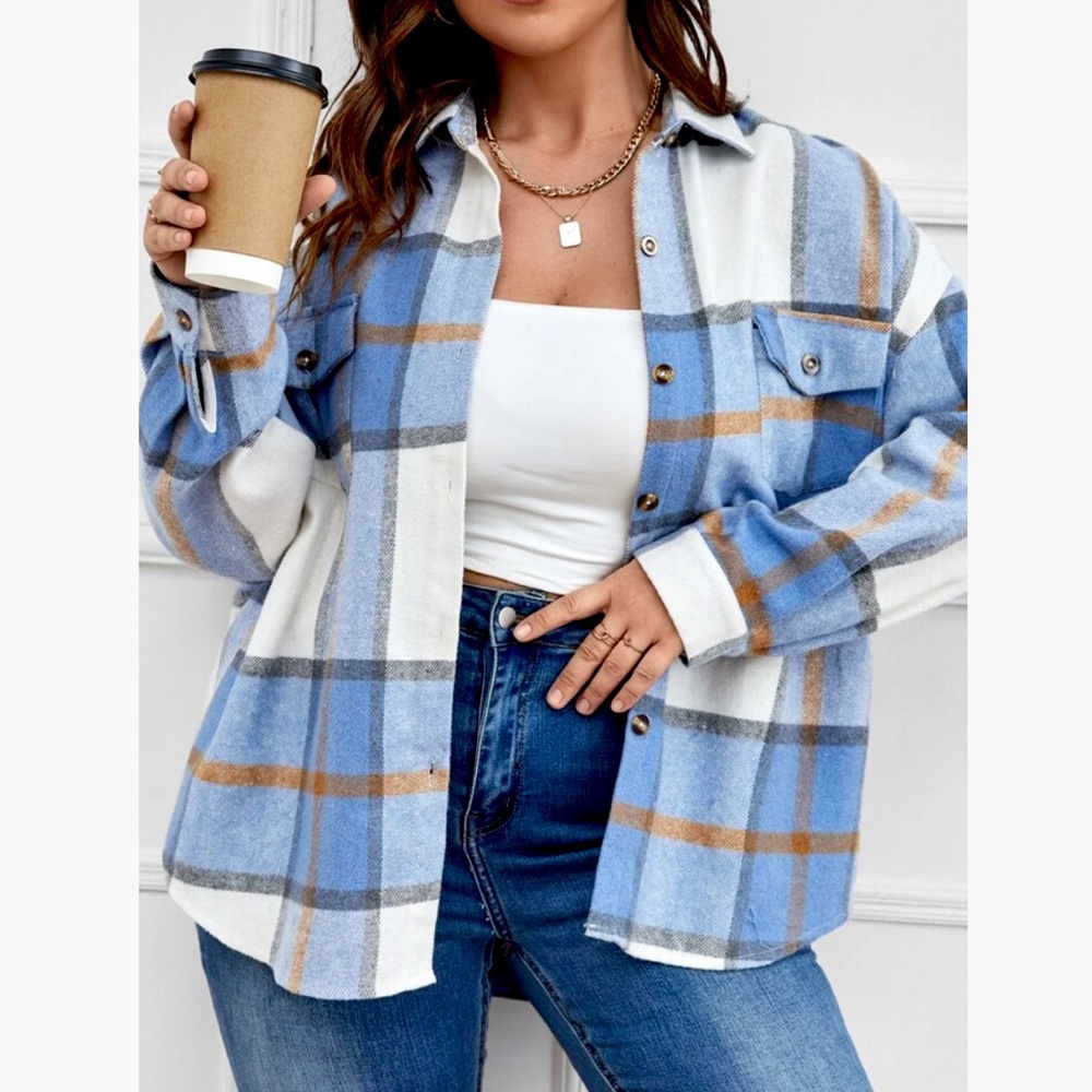 Plaid Print Pocket Front Drop Shoulder Shirt